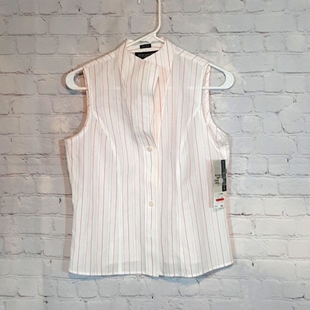 Jones New York Woman's  White & Pink  100%Cotton  Stripped Sleeveless To…‎